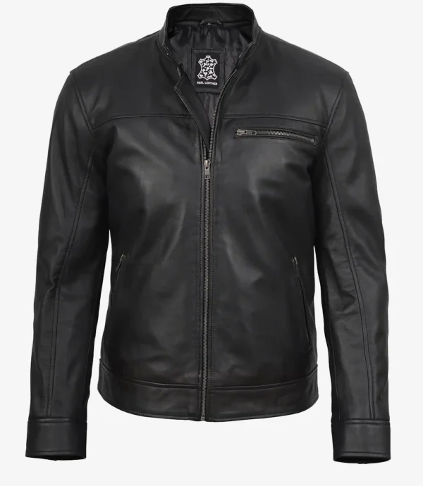 Men’s black biker leather jacket front view