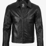 Men’s black Harrington leather jacket front view