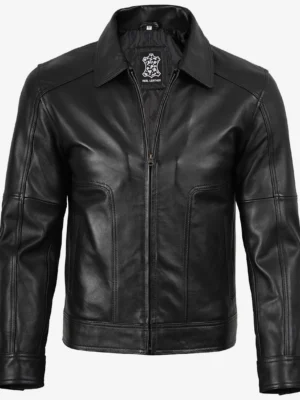 Men’s black Harrington leather jacket front view