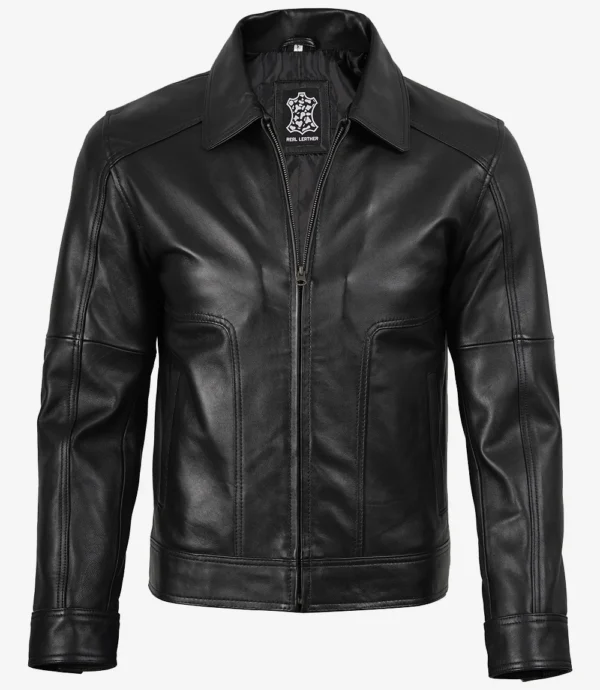 Men’s black Harrington leather jacket front view