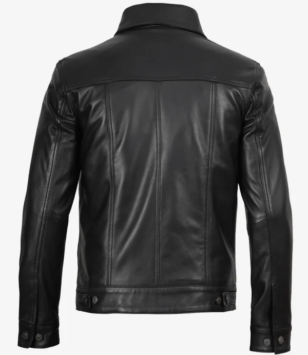 Men’s black leather trucker jacket back view
