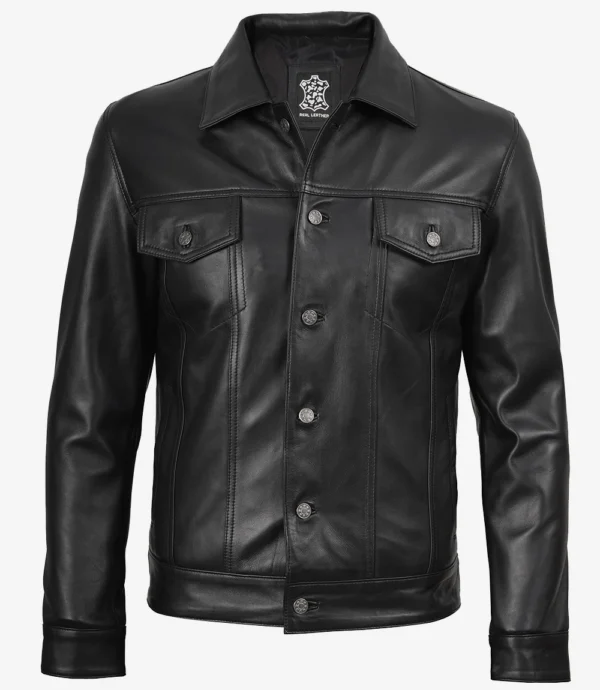 Black leather trucker jacket men classic style