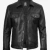 Men’s black leather trucker jacket front button style