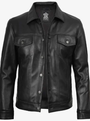 Men’s black leather trucker jacket front button style