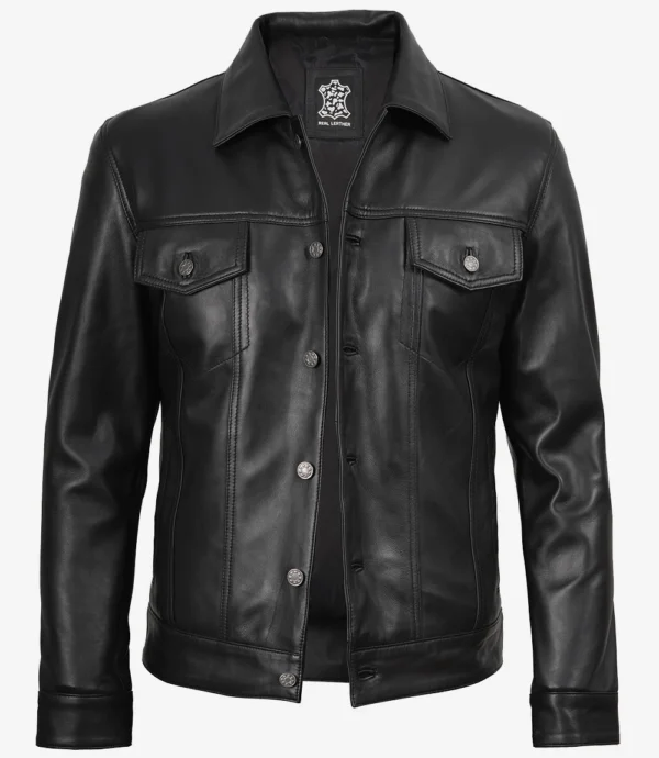 Men’s black leather trucker jacket front button style