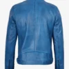 Men’s blue leather jacket back view