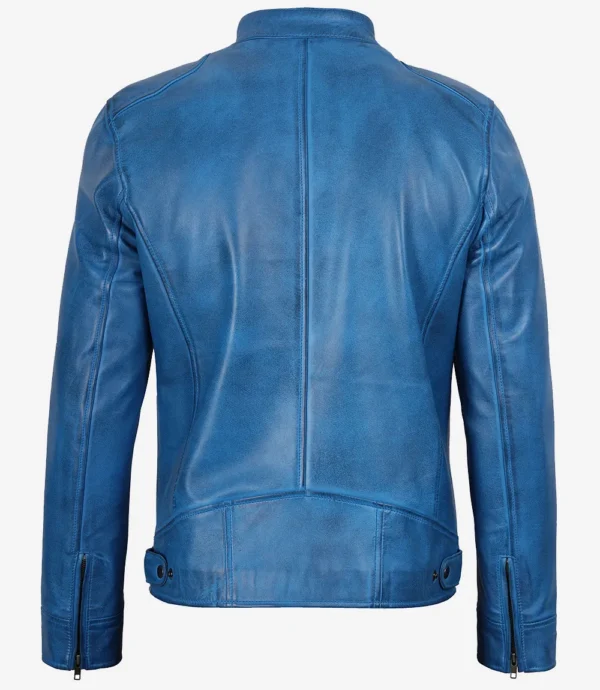 Men’s blue leather jacket back view