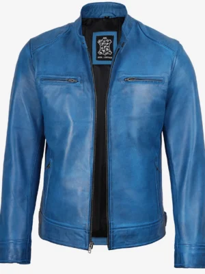 Men’s blue cafe racer jacket front view