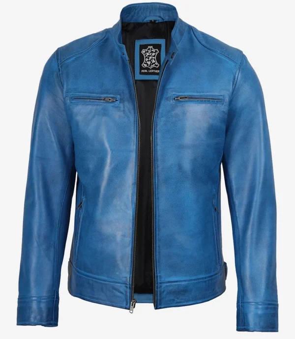 Men’s blue cafe racer jacket front view