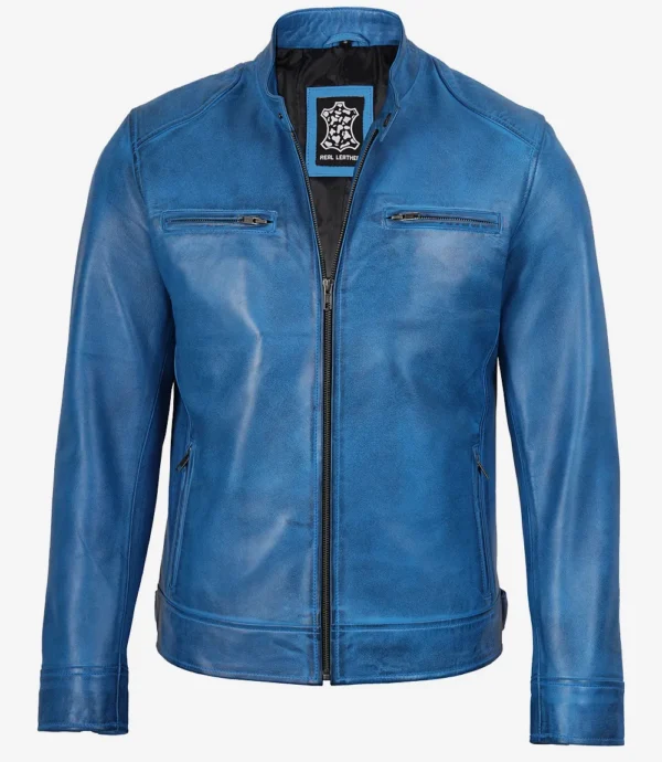 Blue cafe racer leather jacket men stylish look