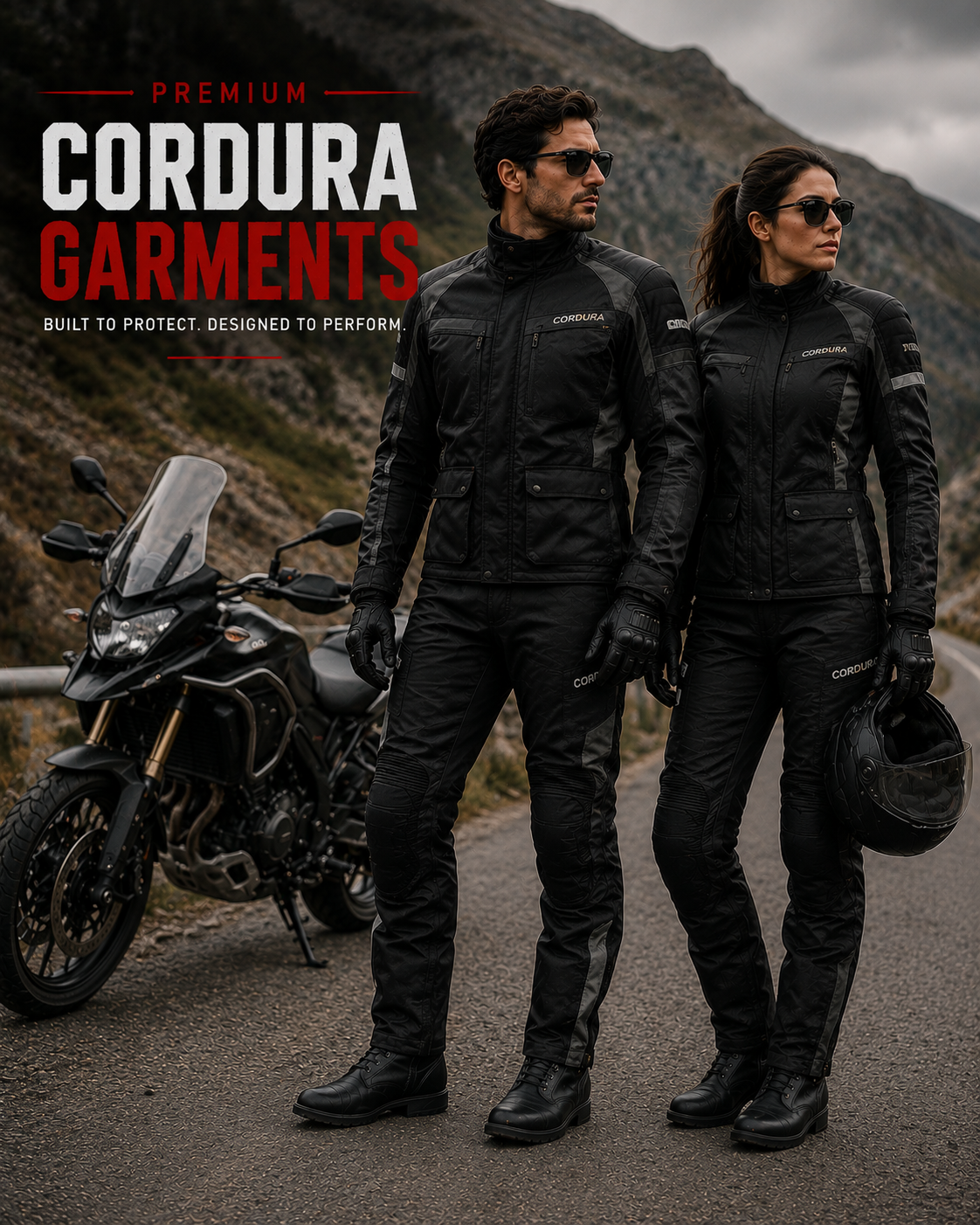 Man and woman wearing premium Cordura motorcycle jackets and pants beside an adventure bike in mountain scenery.