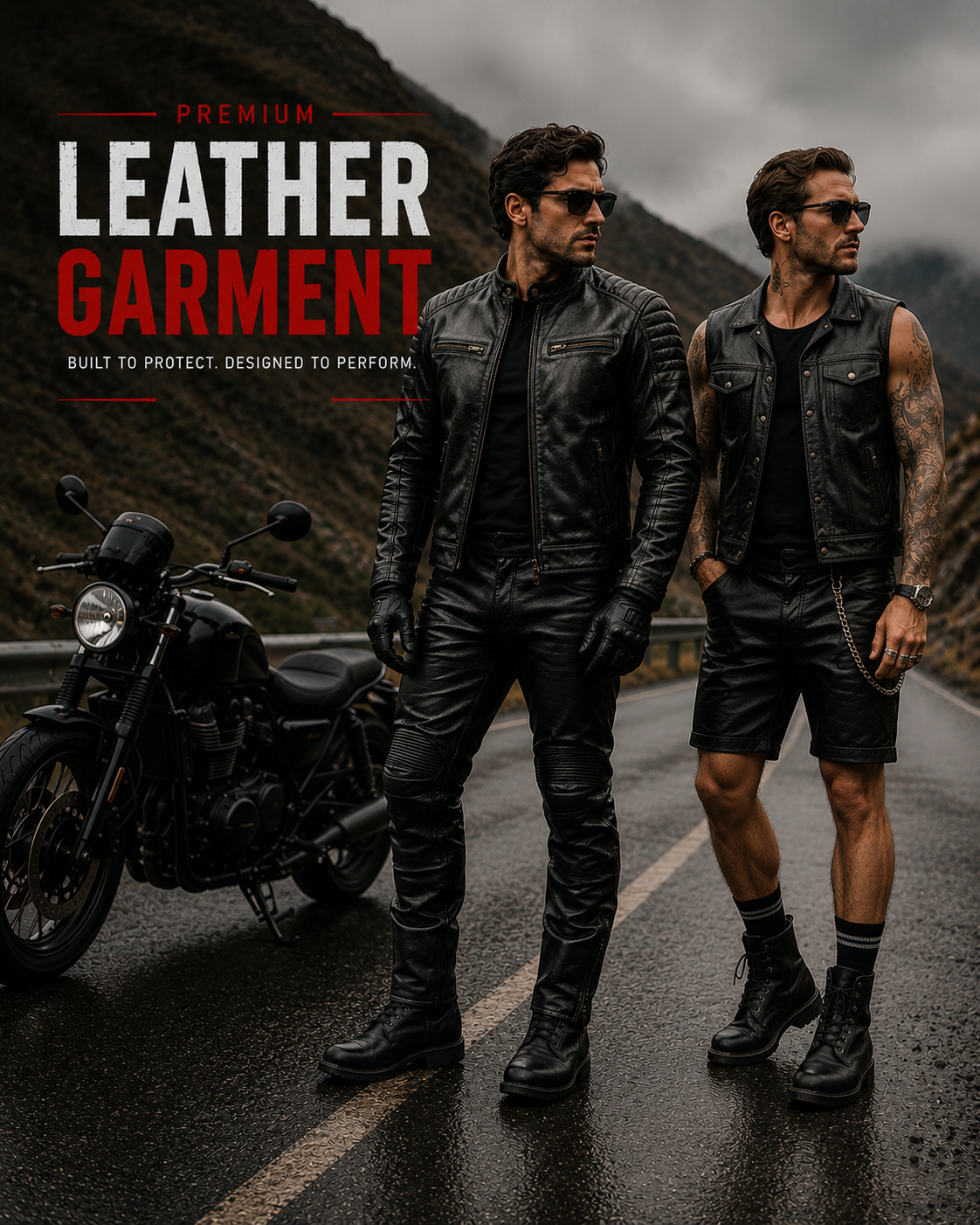 Men and women wearing premium black leather garments with biker motorcycle fashion style on a dramatic outdoor background.