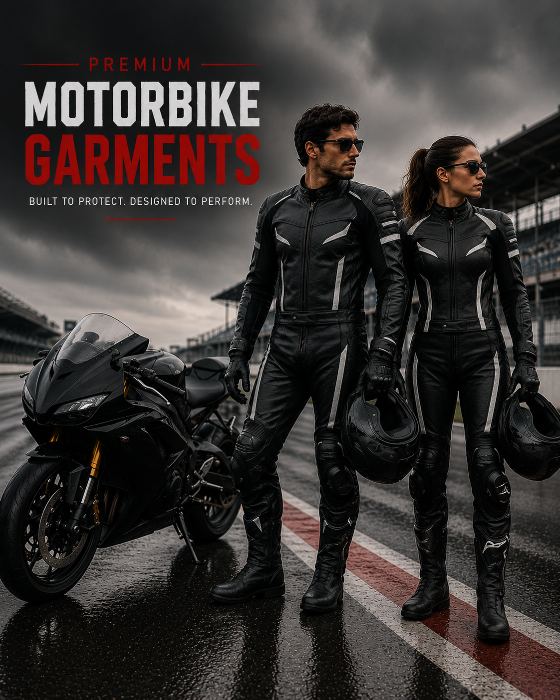 Man and woman wearing premium black motorbike suits standing with a sports bike on a professional race track.