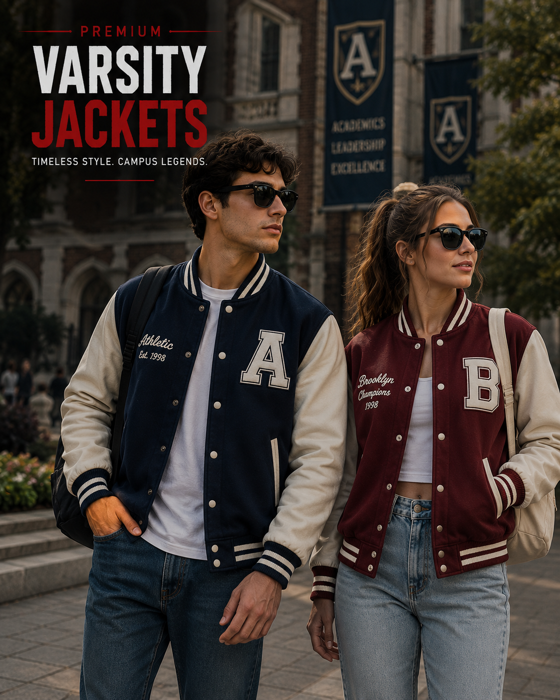 Young man and woman wearing premium varsity jackets on a college campus background.