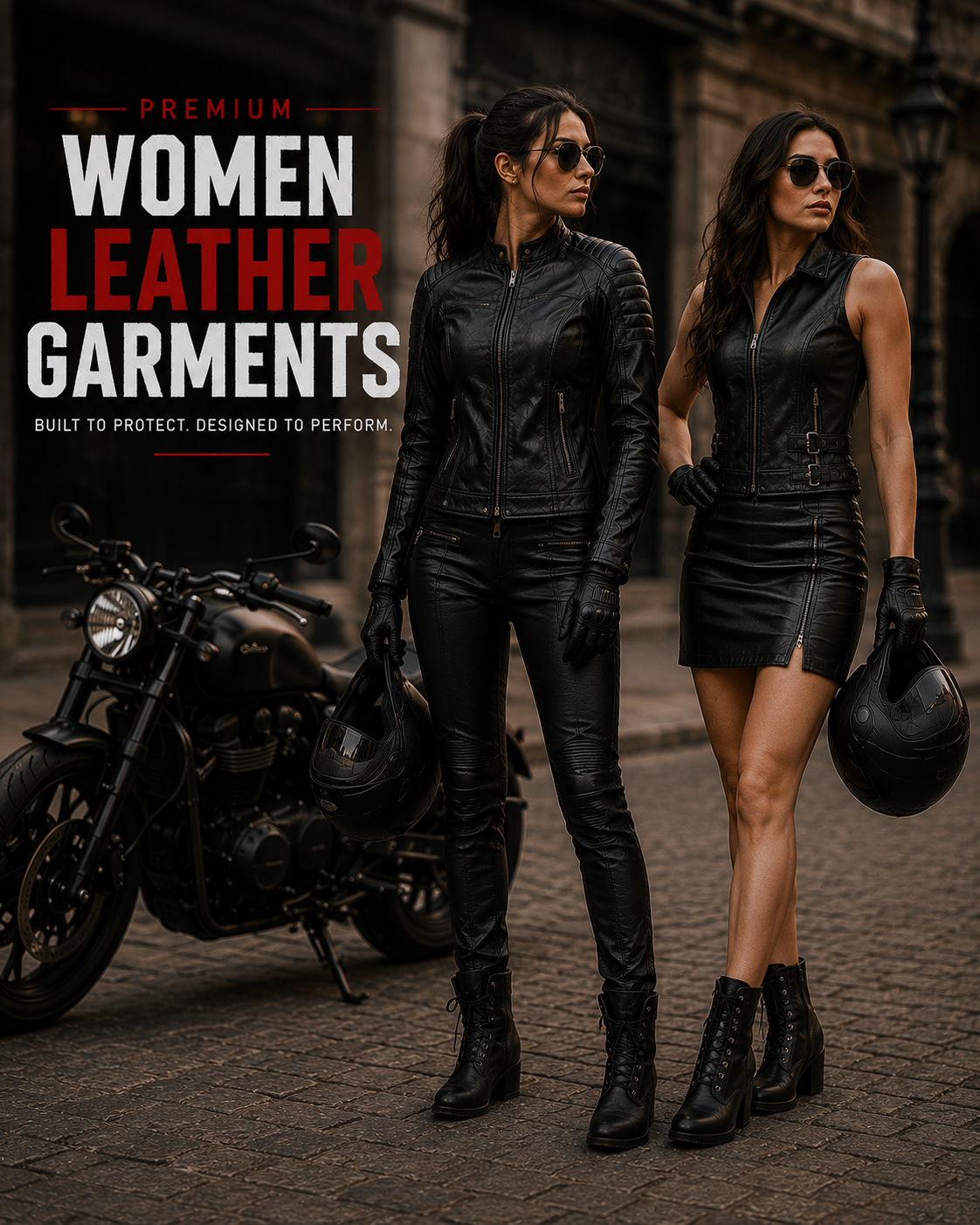 Two stylish women wearing black leather biker garments standing beside a motorcycle in an urban fashion scene.
