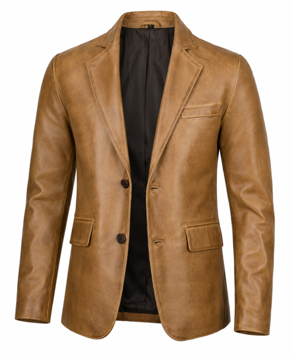 Classic Men's Camel Genuine Leather Blazer Jacket