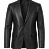 Men's Black Genuine Leather Blazer Jacket Front View