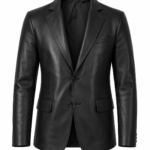 Men's Black Genuine Leather Blazer Jacket Front View