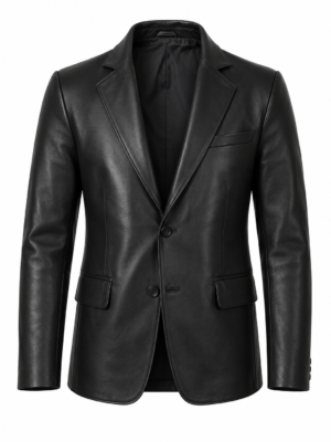 Men's Black Genuine Leather Blazer Jacket Front View