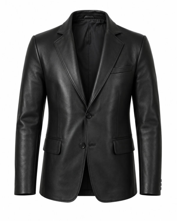 Men's Black Genuine Leather Blazer Jacket Front View