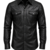 Men's black quilted leather biker shirt jacket front view
