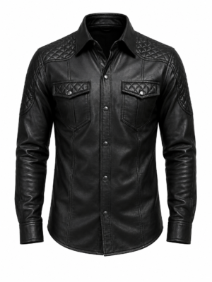 Men's black quilted leather biker shirt jacket front view