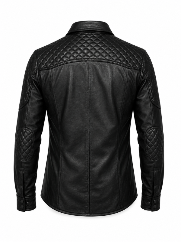 Men's black quilted leather biker shirt jacket back view