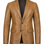 Men's Camel Genuine Leather Blazer Jacket Front View