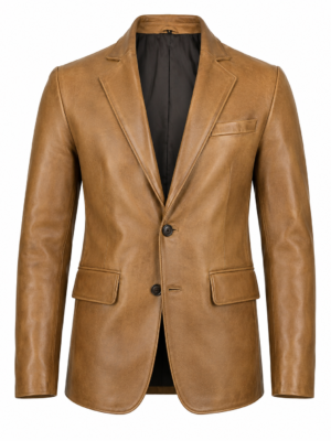 Men's Camel Genuine Leather Blazer Jacket Front View