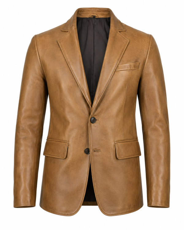 Men's Camel Genuine Leather Blazer Jacket Front View