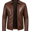 Men's Vintage Brown Harrington Genuine Leather Jacket Front View