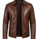 Men's Vintage Brown Harrington Genuine Leather Jacket Front View