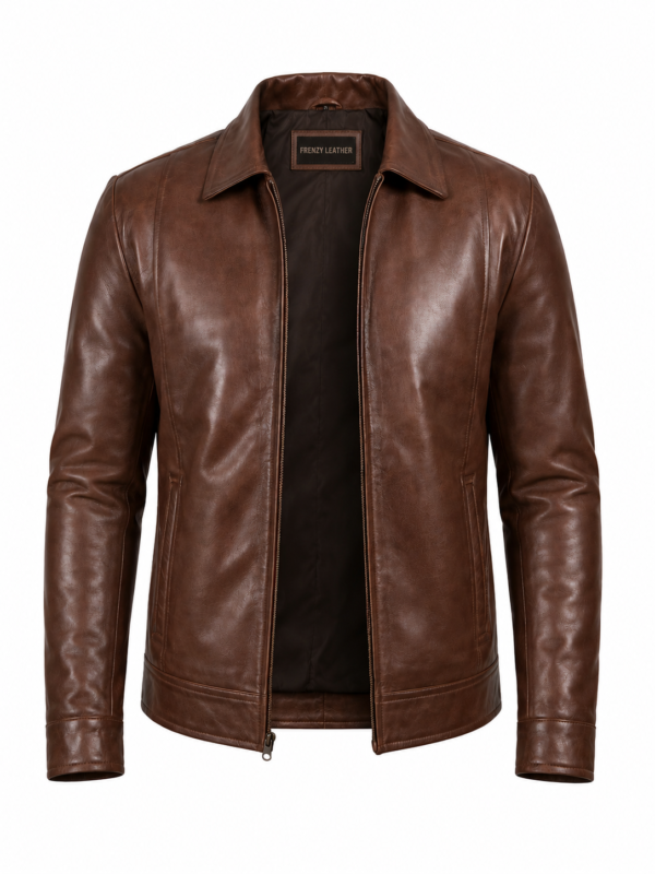 Men's Vintage Brown Harrington Genuine Leather Jacket Front View