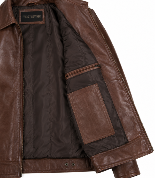 Interior View of Men's Vintage Brown Genuine Leather Jacket with Inside Pockets