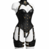 Women's Black Genuine Leather Bustier Harness Corset with Adjustable Leg Straps